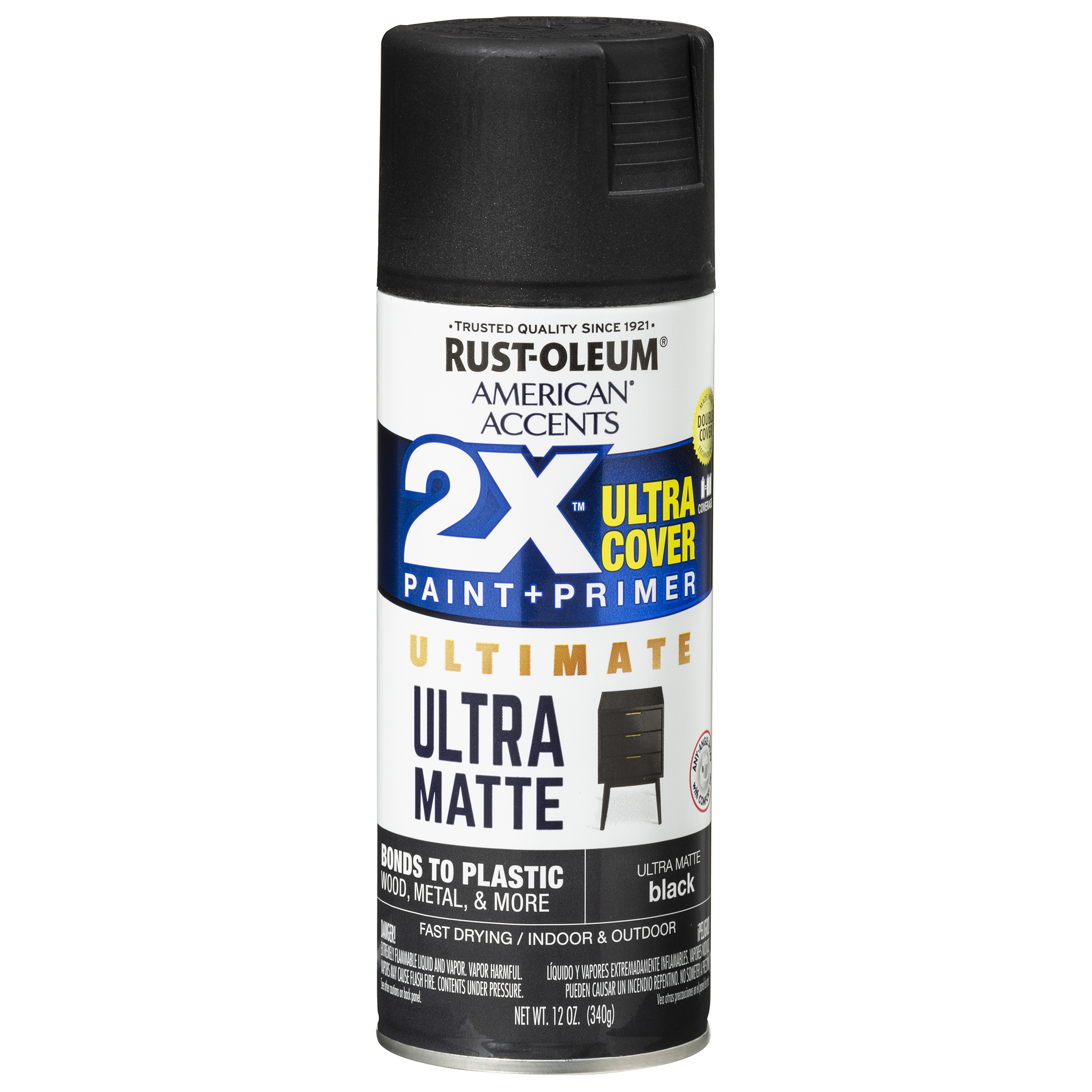 Rust-Oleum American Accents 2x Ultra Cover Ultra Matte Black Spray Paint and Primer in 1, 12 oz, Size: 12 oz Spray
